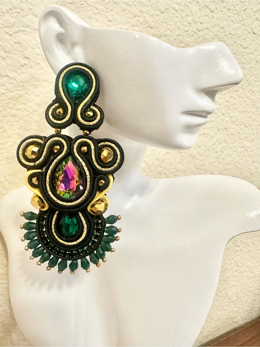 Elegant Handmade Emerald Green Soutache Statement Earrings